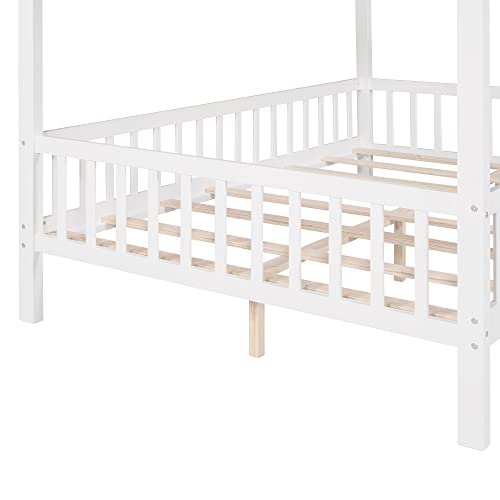 Lostcat Full Size Kids House Bed, Bed House Wood Montessori House Bed Frame with Fence and Rails, House Bed Kids Montessori Beds Playhouse Tent Bed, Wood Platform Bed Frame for Toddlers, White+Grey - Lostcat