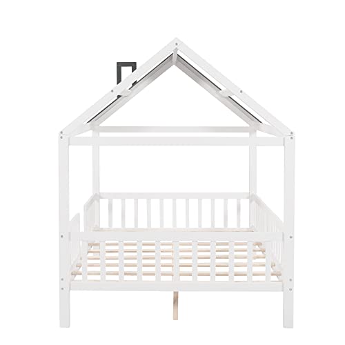 Lostcat Full Size Kids House Bed, Bed House Wood Montessori House Bed Frame with Fence and Rails, House Bed Kids Montessori Beds Playhouse Tent Bed, Wood Platform Bed Frame for Toddlers, White+Grey - Lostcat