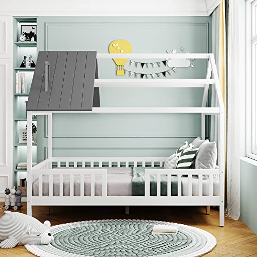 Lostcat Full Size Kids House Bed, Bed House Wood Montessori House Bed Frame with Fence and Rails, House Bed Kids Montessori Beds Playhouse Tent Bed, Wood Platform Bed Frame for Toddlers, White+Grey - Lostcat