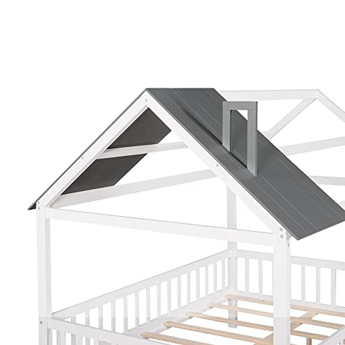 Lostcat Full Size Kids House Bed, Bed House Wood Montessori House Bed Frame with Fence and Rails, House Bed Kids Montessori Beds Playhouse Tent Bed, Wood Platform Bed Frame for Toddlers, White+Grey - Lostcat