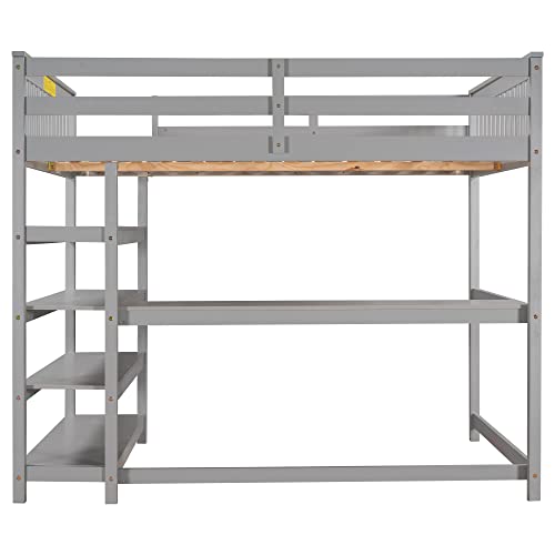 Lostcat Full Size Loft Bed with One Desk & Four Shelves,Rubber Wooden Bedframe with Full-Length guardrail & Built-in Ladder Save Space Design for Teens, Kids,No Box Spring Needed,Grey - Lostcat