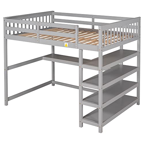 Lostcat Full Size Loft Bed with One Desk & Four Shelves,Rubber Wooden Bedframe with Full-Length guardrail & Built-in Ladder Save Space Design for Teens, Kids,No Box Spring Needed,Grey - Lostcat