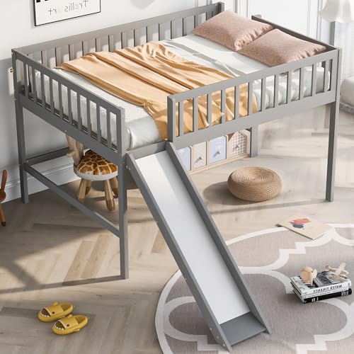 Lostcat Full Size Low Loft Bed with Slide, Solid Wood Bedframe with Safety Guardrail and Ladder, Wood Junior Loft Beds Frame with Ladder for Girls Boys Toddlers, No Box Spring Needed, Grey - Lostcat