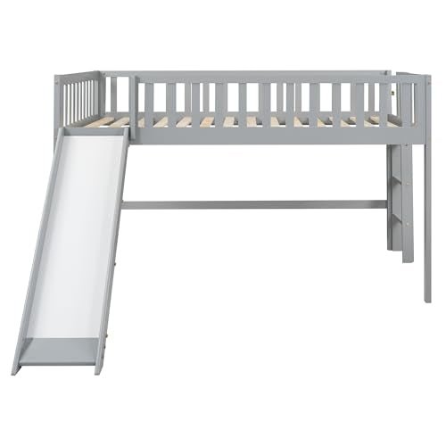 Lostcat Full Size Low Loft Bed with Slide, Solid Wood Bedframe with Safety Guardrail and Ladder, Wood Junior Loft Beds Frame with Ladder for Girls Boys Toddlers, No Box Spring Needed, Grey - Lostcat