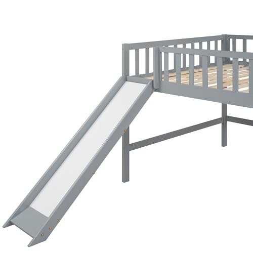 Lostcat Full Size Low Loft Bed with Slide, Solid Wood Bedframe with Safety Guardrail and Ladder, Wood Junior Loft Beds Frame with Ladder for Girls Boys Toddlers, No Box Spring Needed, Grey - Lostcat