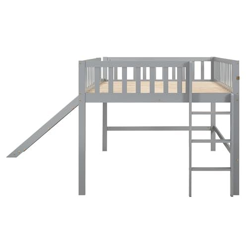 Lostcat Full Size Low Loft Bed with Slide, Solid Wood Bedframe with Safety Guardrail and Ladder, Wood Junior Loft Beds Frame with Ladder for Girls Boys Toddlers, No Box Spring Needed, Grey - Lostcat