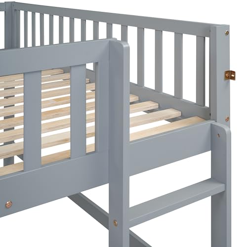 Lostcat Full Size Low Loft Bed with Slide, Solid Wood Bedframe with Safety Guardrail and Ladder, Wood Junior Loft Beds Frame with Ladder for Girls Boys Toddlers, No Box Spring Needed, Grey - Lostcat