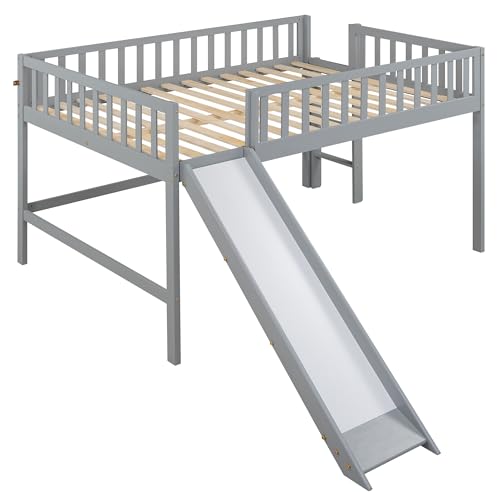 Lostcat Full Size Low Loft Bed with Slide, Solid Wood Bedframe with Safety Guardrail and Ladder, Wood Junior Loft Beds Frame with Ladder for Girls Boys Toddlers, No Box Spring Needed, Grey - Lostcat