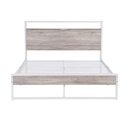 Lostcat Full Size Platform Bed with Power Outlets, USB Ports Charging Station, Slat Support with Headboard and Footboard for Kids, Home,No Box Spring Needed,White - Lostcat