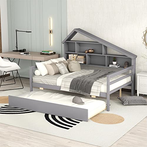 Lostcat Full Size Platform Bed with Twin Size Trundle and 5 Storage Shelves,Solid Pinewood Bunkbeds with House Design and Safety Guardrail,for Teens, Kids,No Box Spring Needed,Gray - Lostcat