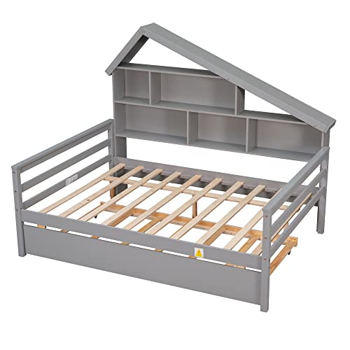 Lostcat Full Size Platform Bed with Twin Size Trundle and 5 Storage Shelves,Solid Pinewood Bunkbeds with House Design and Safety Guardrail,for Teens, Kids,No Box Spring Needed,Gray - Lostcat