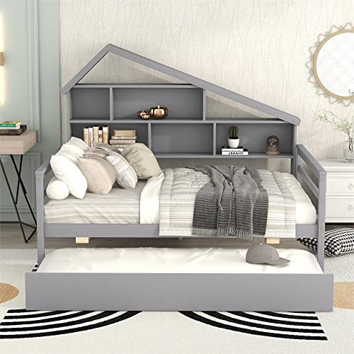 Lostcat Full Size Platform Bed with Twin Size Trundle and 5 Storage Shelves,Solid Pinewood Bunkbeds with House Design and Safety Guardrail,for Teens, Kids,No Box Spring Needed,Gray - Lostcat