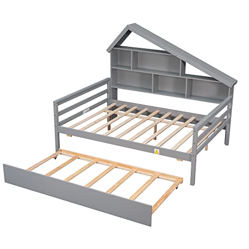 Lostcat Full Size Platform Bed with Twin Size Trundle and 5 Storage Shelves,Solid Pinewood Bunkbeds with House Design and Safety Guardrail,for Teens, Kids,No Box Spring Needed,Gray - Lostcat