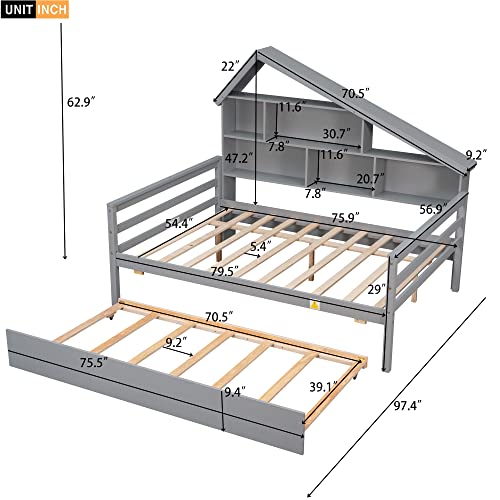 Lostcat Full Size Platform Bed with Twin Size Trundle and 5 Storage Shelves,Solid Pinewood Bunkbeds with House Design and Safety Guardrail,for Teens, Kids,No Box Spring Needed,Gray - Lostcat