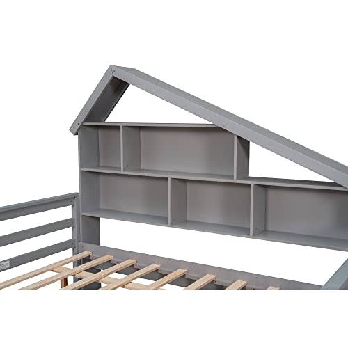 Lostcat Full Size Platform Bed with Twin Size Trundle and 5 Storage Shelves,Solid Pinewood Bunkbeds with House Design and Safety Guardrail,for Teens, Kids,No Box Spring Needed,Gray - Lostcat