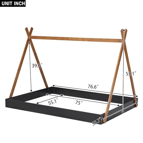 Lostcat Full Size Tent Floor Bed with Triangle Structure, Montessori Floor Bed Frame for Toddlers, Kids, Girls, Boys, No Box Spring Needed, Easy Assembly, Black+Brown - Lostcat