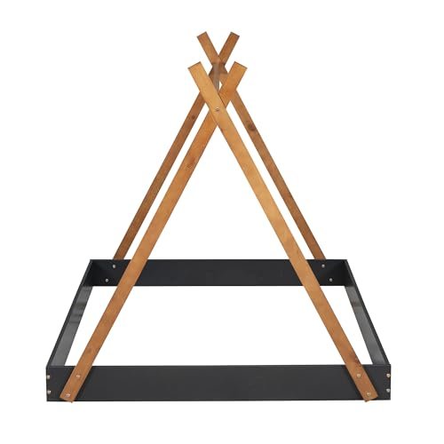 Lostcat Full Size Tent Floor Bed with Triangle Structure, Montessori Floor Bed Frame for Toddlers, Kids, Girls, Boys, No Box Spring Needed, Easy Assembly, Black+Brown - Lostcat