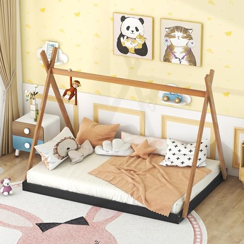 Lostcat Full Size Tent Floor Bed with Triangle Structure, Montessori Floor Bed Frame for Toddlers, Kids, Girls, Boys, No Box Spring Needed, Easy Assembly, Black+Brown - Lostcat