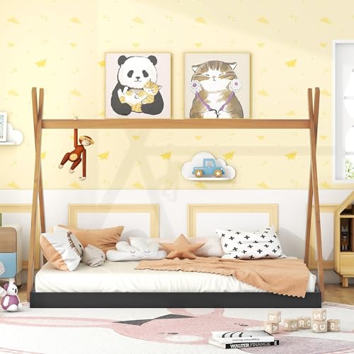 Lostcat Full Size Tent Floor Bed with Triangle Structure, Montessori Floor Bed Frame for Toddlers, Kids, Girls, Boys, No Box Spring Needed, Easy Assembly, Black+Brown - Lostcat