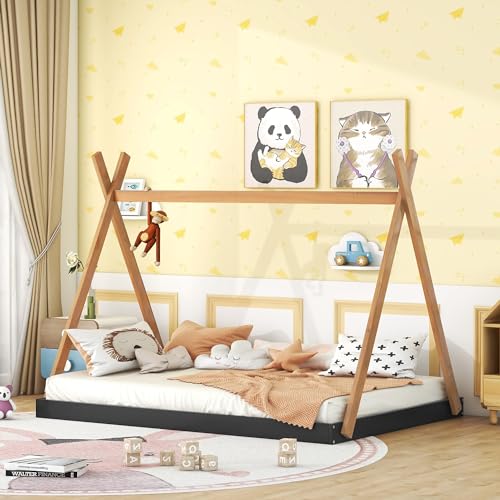Lostcat Full Size Tent Floor Bed with Triangle Structure, Montessori Floor Bed Frame for Toddlers, Kids, Girls, Boys, No Box Spring Needed, Easy Assembly, Black+Brown - Lostcat