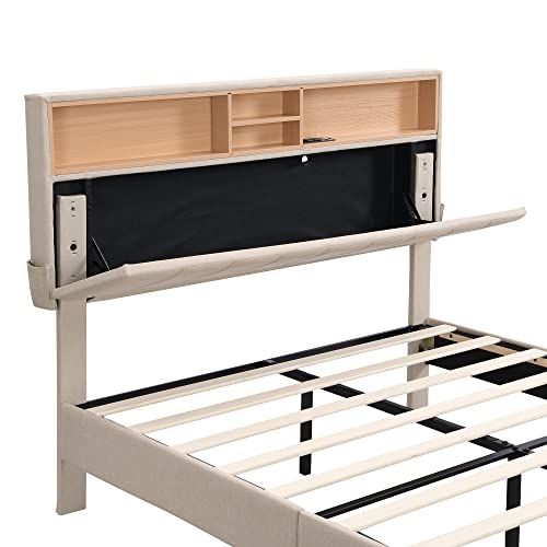 Lostcat Full Size Upholstered Platform Bed with Storage Headboard and 2 USB Port, Linen Fabric UpholsteredBedframe, Wood Slats Support, No Box Spring Needed, for Boys/Girls/Adult Bedroom, Beige - Lostcat