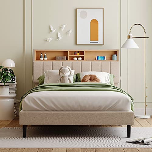 Lostcat Full Size Upholstered Platform Bed with Storage Headboard and 2 USB Port, Linen Fabric UpholsteredBedframe, Wood Slats Support, No Box Spring Needed, for Boys/Girls/Adult Bedroom, Beige - Lostcat