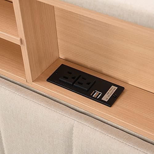 Lostcat Full Size Upholstered Platform Bed with Storage Headboard and 2 USB Port, Linen Fabric UpholsteredBedframe, Wood Slats Support, No Box Spring Needed, for Boys/Girls/Adult Bedroom, Beige - Lostcat