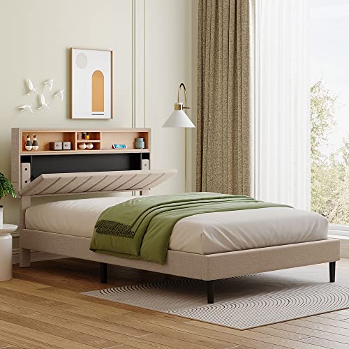 Lostcat Full Size Upholstered Platform Bed with Storage Headboard and 2 USB Port, Linen Fabric UpholsteredBedframe, Wood Slats Support, No Box Spring Needed, for Boys/Girls/Adult Bedroom, Beige - Lostcat