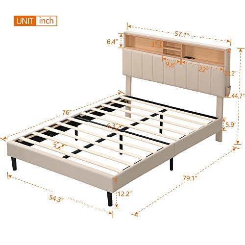 Lostcat Full Size Upholstered Platform Bed with Storage Headboard and 2 USB Port, Linen Fabric UpholsteredBedframe, Wood Slats Support, No Box Spring Needed, for Boys/Girls/Adult Bedroom, Beige - Lostcat