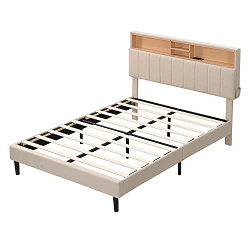 Lostcat Full Size Upholstered Platform Bed with Storage Headboard and 2 USB Port, Linen Fabric UpholsteredBedframe, Wood Slats Support, No Box Spring Needed, for Boys/Girls/Adult Bedroom, Beige - Lostcat