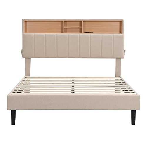 Lostcat Full Size Upholstered Platform Bed with Storage Headboard and 2 USB Port, Linen Fabric UpholsteredBedframe, Wood Slats Support, No Box Spring Needed, for Boys/Girls/Adult Bedroom, Beige - Lostcat