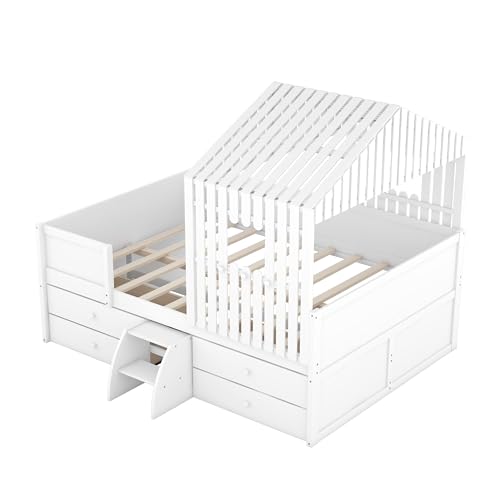 Lostcat, Full, White-Low Loft Bed w/ 4 Drawers - Lostcat