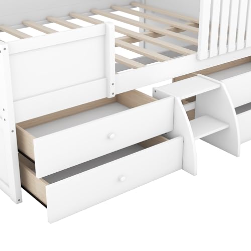 Lostcat, Full, White-Low Loft Bed w/ 4 Drawers - Lostcat