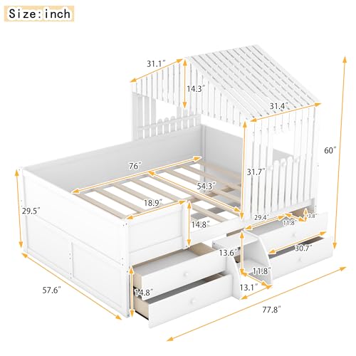 Lostcat, Full, White-Low Loft Bed w/ 4 Drawers - Lostcat