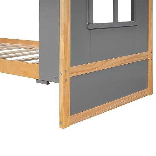 Lostcat House Bed with Trundle, Twin Montessori Bed Twin Platform Bed with Roof and Window, Wooden Kids Daybed, Tent Bed Bedroom Furniture for Kids Teens Girls Boys, Grey - Lostcat
