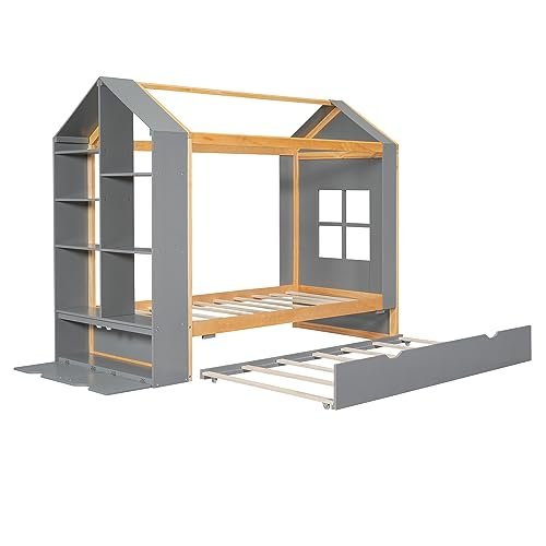 Lostcat House Bed with Trundle, Twin Montessori Bed Twin Platform Bed with Roof and Window, Wooden Kids Daybed, Tent Bed Bedroom Furniture for Kids Teens Girls Boys, Grey - Lostcat