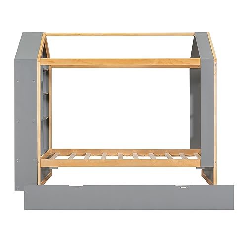 Lostcat House Bed with Trundle, Twin Montessori Bed Twin Platform Bed with Roof and Window, Wooden Kids Daybed, Tent Bed Bedroom Furniture for Kids Teens Girls Boys, Grey - Lostcat