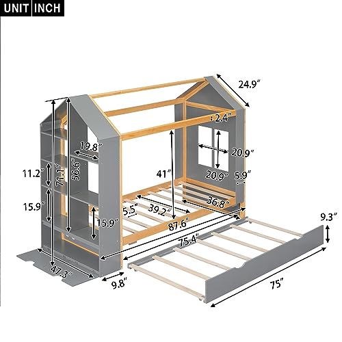 Lostcat House Bed with Trundle, Twin Montessori Bed Twin Platform Bed with Roof and Window, Wooden Kids Daybed, Tent Bed Bedroom Furniture for Kids Teens Girls Boys, Grey - Lostcat