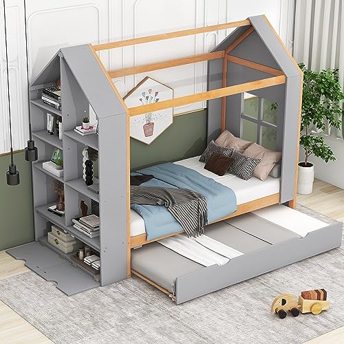 Lostcat House Bed with Trundle, Twin Montessori Bed Twin Platform Bed with Roof and Window, Wooden Kids Daybed, Tent Bed Bedroom Furniture for Kids Teens Girls Boys, Grey - Lostcat
