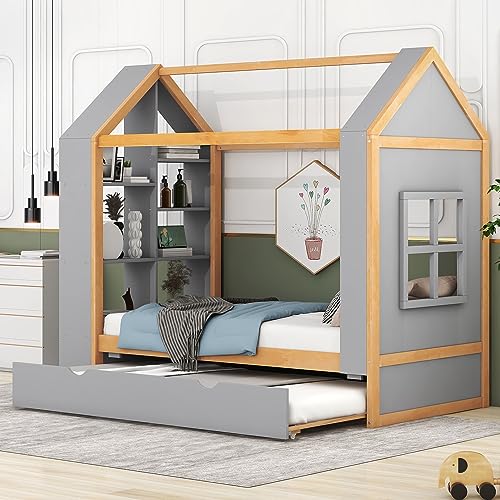 Lostcat House Bed with Trundle, Twin Montessori Bed Twin Platform Bed with Roof and Window, Wooden Kids Daybed, Tent Bed Bedroom Furniture for Kids Teens Girls Boys, Grey - Lostcat