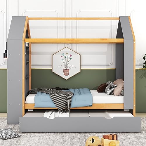 Lostcat House Bed with Trundle, Twin Montessori Bed Twin Platform Bed with Roof and Window, Wooden Kids Daybed, Tent Bed Bedroom Furniture for Kids Teens Girls Boys, Grey - Lostcat
