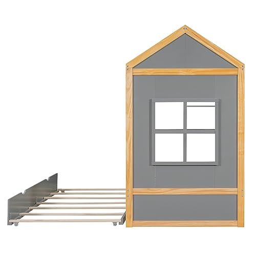 Lostcat House Bed with Trundle, Twin Montessori Bed Twin Platform Bed with Roof and Window, Wooden Kids Daybed, Tent Bed Bedroom Furniture for Kids Teens Girls Boys, Grey - Lostcat