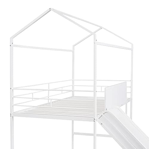 Lostcat House Loft Bed with Convertible Slide, House Metal Bunk Bed with Safety Guardrail, Ladder and Two-Sided Writable Wooden Board, No Box Spring Needed, Suitable for Girls Boys, White - Lostcat