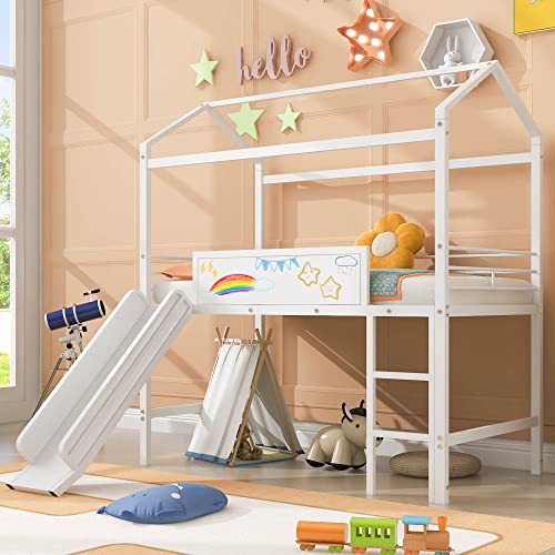 Lostcat House Loft Bed with Convertible Slide, House Metal Bunk Bed with Safety Guardrail, Ladder and Two-Sided Writable Wooden Board, No Box Spring Needed, Suitable for Girls Boys, White - Lostcat