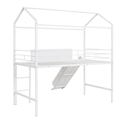 Lostcat House Loft Bed with Convertible Slide, House Metal Bunk Bed with Safety Guardrail, Ladder and Two-Sided Writable Wooden Board, No Box Spring Needed, Suitable for Girls Boys, White - Lostcat