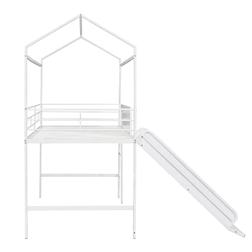 Lostcat House Loft Bed with Convertible Slide, House Metal Bunk Bed with Safety Guardrail, Ladder and Two-Sided Writable Wooden Board, No Box Spring Needed, Suitable for Girls Boys, White - Lostcat