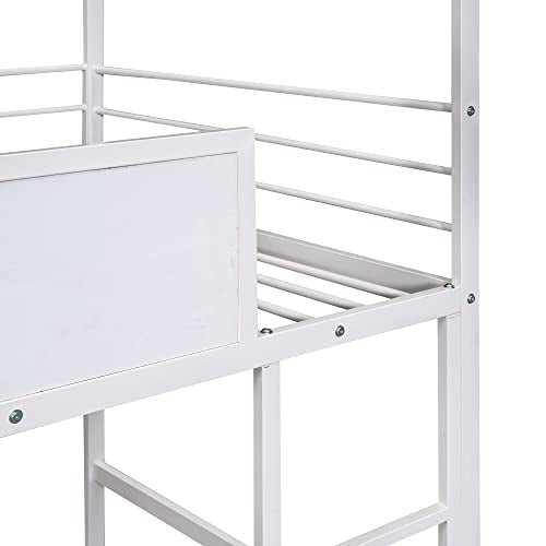 Lostcat House Loft Bed with Convertible Slide, House Metal Bunk Bed with Safety Guardrail, Ladder and Two-Sided Writable Wooden Board, No Box Spring Needed, Suitable for Girls Boys, White - Lostcat