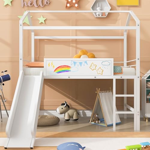 Lostcat House Loft Bed with Convertible Slide, House Metal Bunk Bed with Safety Guardrail, Ladder and Two-Sided Writable Wooden Board, No Box Spring Needed, Suitable for Girls Boys, White - Lostcat