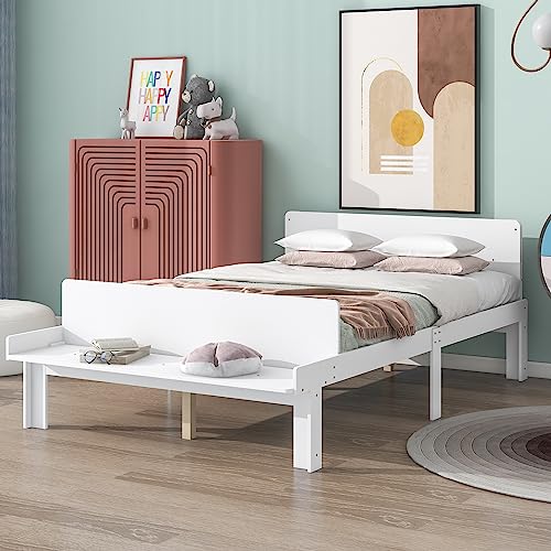 Lostcat Kids Bed Full Size, Wood Platform Bed with Headboard and Footboard Bench, Full Bed Frames for Kids,Wooden Full Size Bed with Footboard Bench for Girls Boys, No Box Spring Needed, White - Lostcat