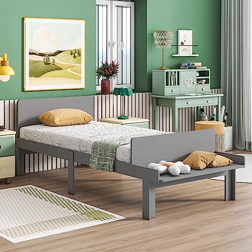Lostcat Kids Bed Twin Size, Twin Bed Frames for Kids,Wood Platform Bed with Headboard and Footboard Bench, Wooden Twin Size Bed with Footboard Bench for Girls Boys, No Box Spring Needed, Grey - Lostcat